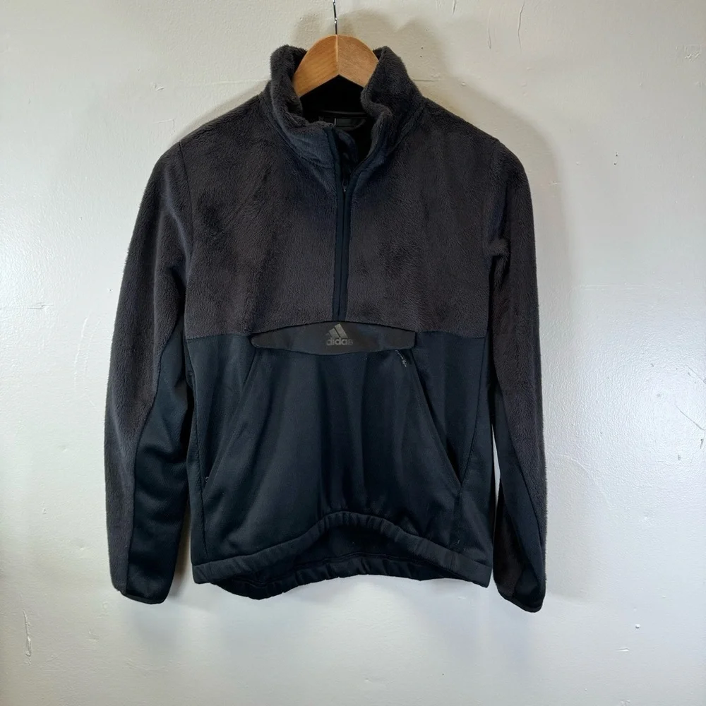 Adidas fleece pull over sweater sweatshirt black mens small women medium pockets